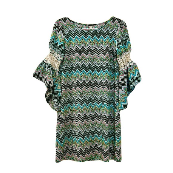 Trinity Womens Green Floral and Geometric Print Bell Sleeve Shift Dress - Small - Picture 2 of 9